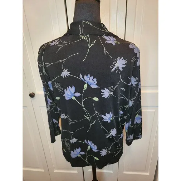 Studio Works Petite Vintage 90's Black Stretchy Floral Button Up PM Whimsygoth - Picture 2 of 9